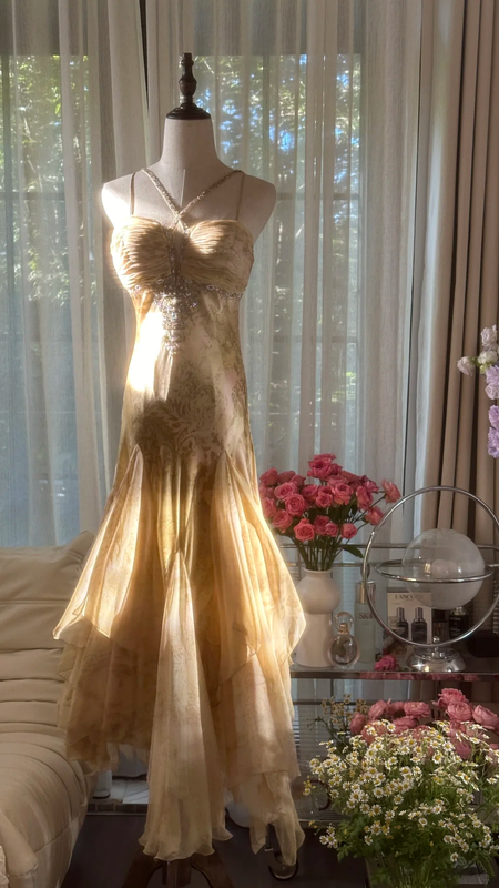 Light brown halter-neck fitted long ball gown with an asymmetrical hem R7763