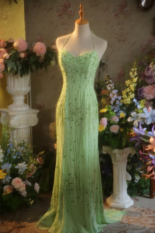 Light green halter neck strap fitted waist long ball gown/bridal dress R7269