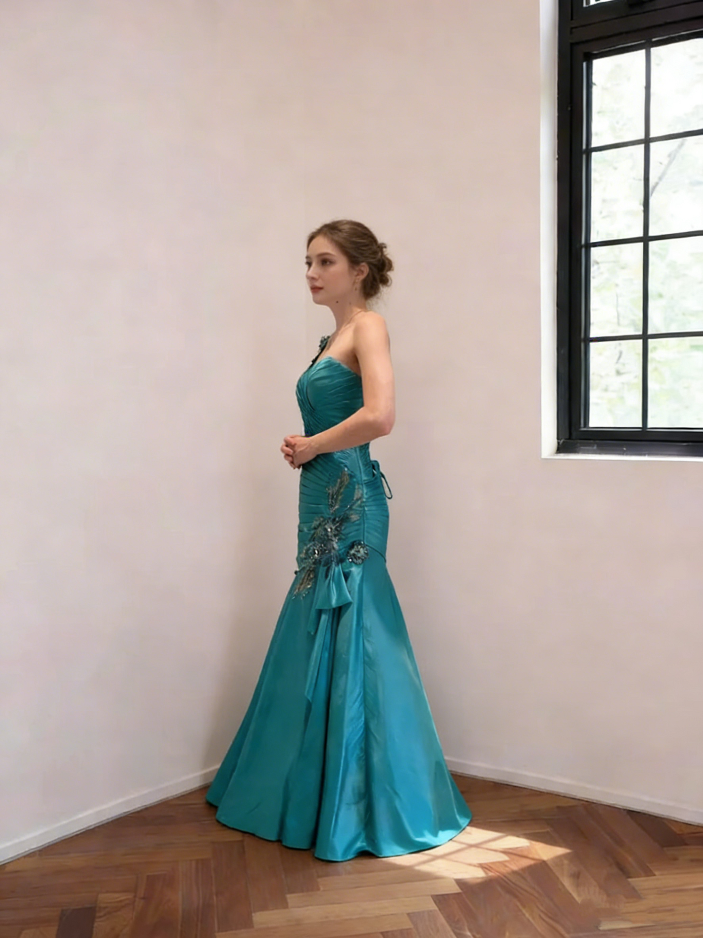 Beautiful Teal Blue One Shoulder Satin Pleated Mermaid Evening Gown Long Birthday Party Dresses SP1687