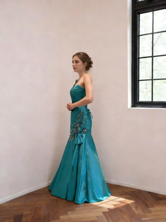Beautiful Teal Blue One Shoulder Satin Pleated Mermaid Evening Gown Long Birthday Party Dresses SP1687