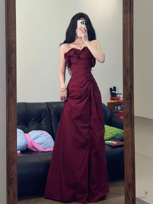 Elegant Burgundy Strapless A-Line Long Party Dresses Birthday Outfits, D1227