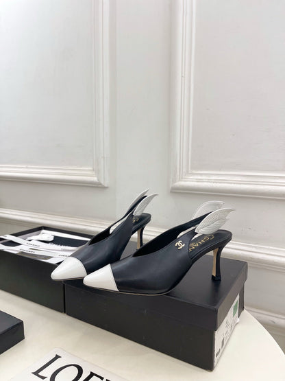 CC 26 SS Open-Back Sandals 7.5cm Black White Calfskin 586931