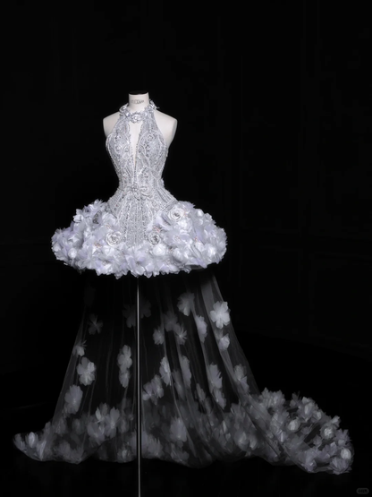 Silver halterneck diamond sequined open back sexy waist puffy skirt homecoming dress R4126