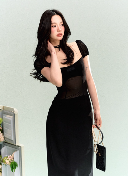 French elegant waist square neck splicing dress summer simple midi dress R3330