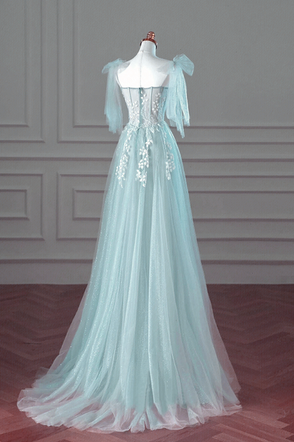 Pretty Mint Blue Tulle with Lace A-line  Long Party Dress, Mint Blue Prom Dress Fornal Dress