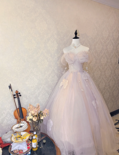 Dreamy Light Pink Off-shoulder Tulle Floor-Length Ball Gown Evening Dress cc5304