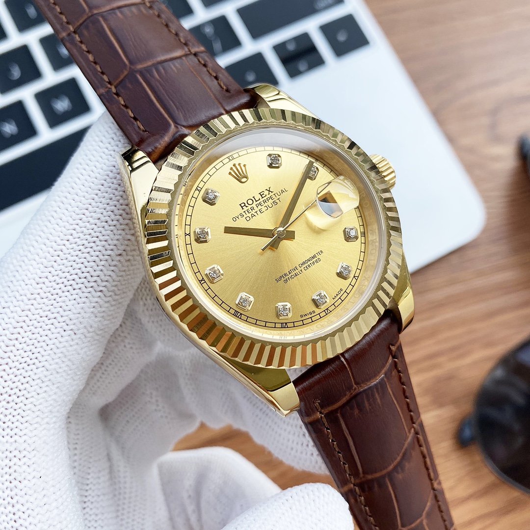 DATEJUST 41 STAINLESS STEEL DIAMOND NUMERALS LEATHER STRAP