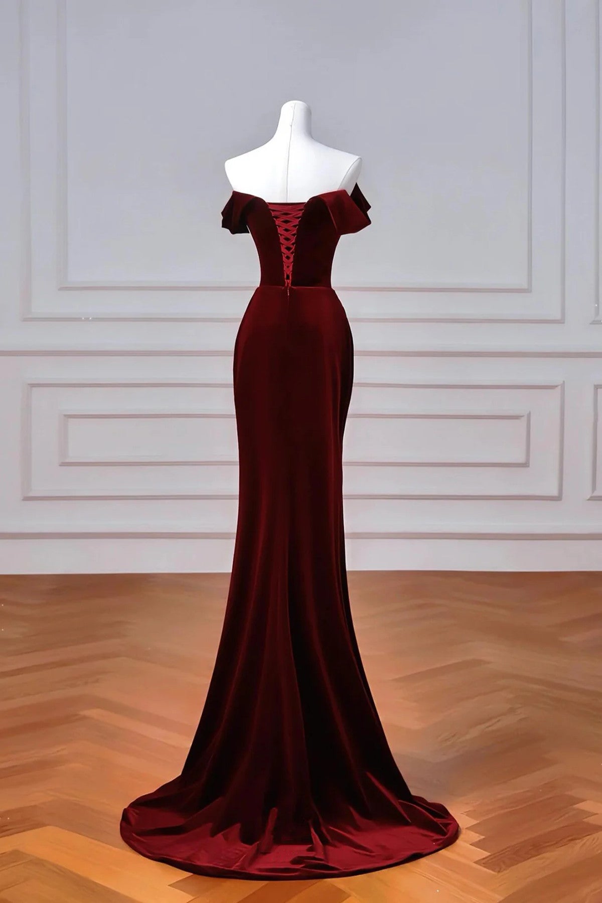 Wine Red Velvet Mermaid Off Shoulder Party Dress, Wine Red Velvet Prom Dress