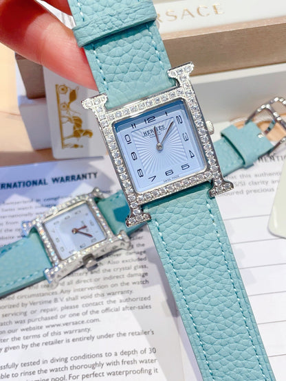 HM HEURE H 26 SILVER BLUE DIAL DIAMOND BEZEL EPSOM LEATHER
