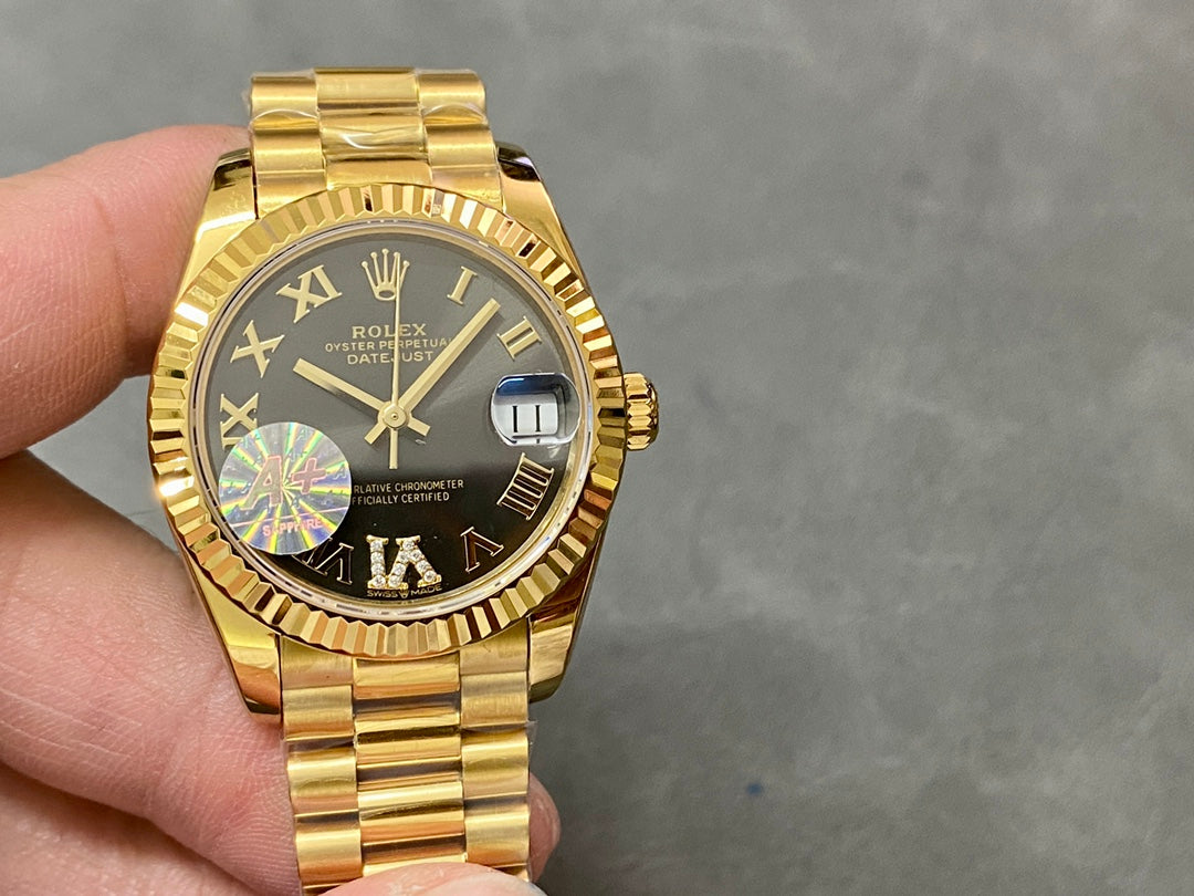 DATEJUST 31MM GOLD DIAMOND NUMERALS BLACK DIAL