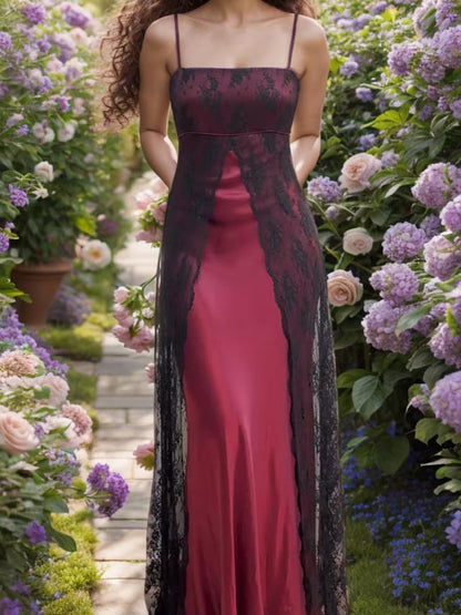 A-line Straps Black Lace and Wine Red Long Party Dress, Scoop Floor Length Prom Dress