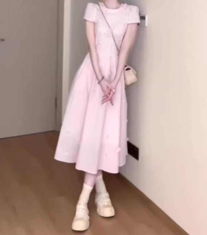 Gentle style pink baby collar dress floral waist A-line long skirt R0790