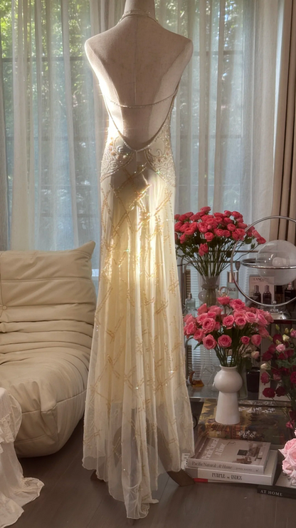 Light apricot halter neck fitted waist slim back sexy long ball gown R7764