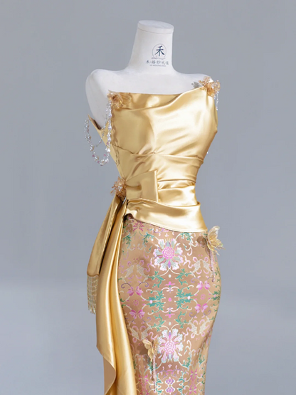 Gold strapless fitted waist slim retro print sexy long ball gown/bridal dress R8238