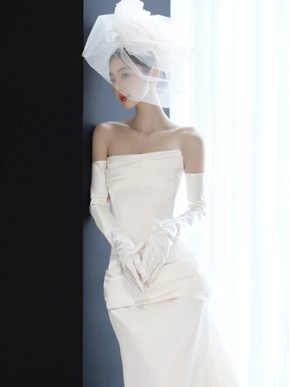 White tube top waist slim fit satin sexy long dress bridal gown R6039