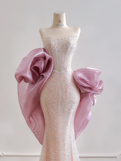 Light pink strapless, fitted waist, bodycon, sexy long ball gown R8172