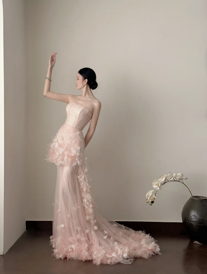 Light pink strapless, waist‑cinched, slim‑fit, ruffled‑hem long prom dress R7964