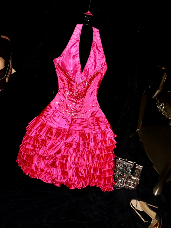 Rose pink halter-neck cinched waist short ball gown R6977