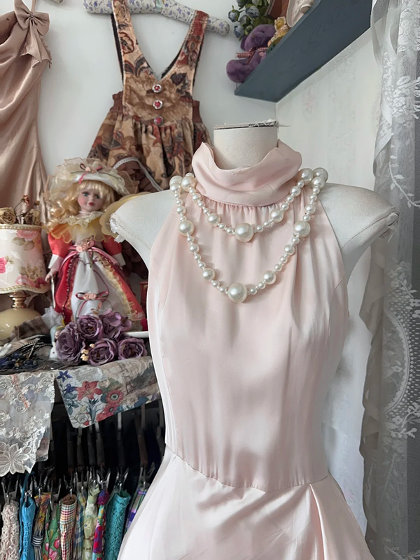Light pink sleeveless satin waist slim maxi ball gown R6138
