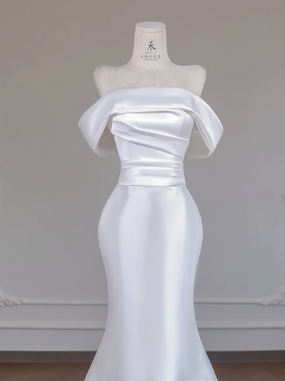 White satin off-the-shoulder fitted waist bodycon sexy long ball gown/bridal dress R8258