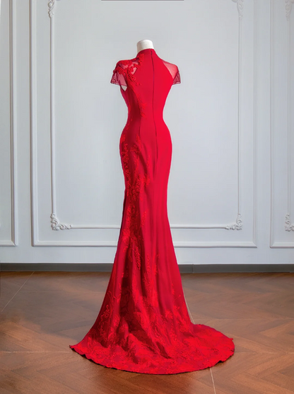 Red Chinese-style neckline, fitted waist, slimming and sexy long ball gown R8151