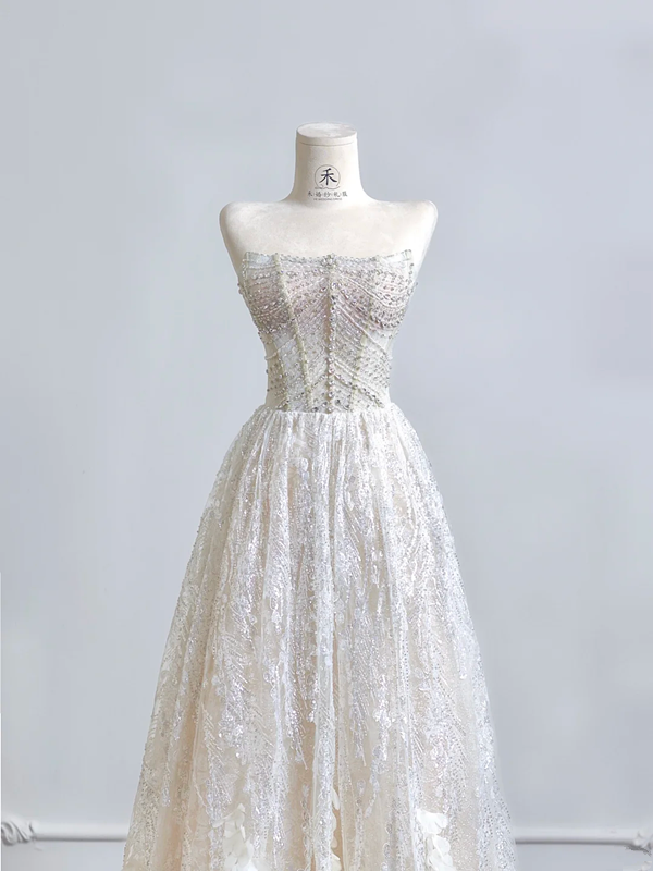 White strapless, fitted waist, heavily embellished, sexy long ball gown R8203