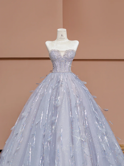 Light blue strapless, fitted waist, full skirt, long ball gown R8403