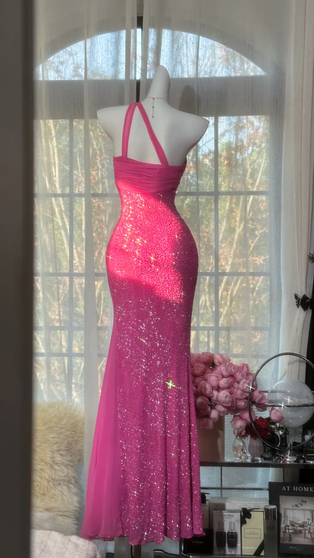 Rose pink one-shoulder halter waist slim fit hip-hugging sexy long ball gown R7693