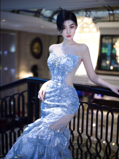 Light Blue Sequin Strapless Waist-Cinched Fitted Mermaid Floor-Length Dreamy Prom Dress R7097