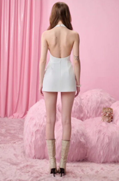White halter neck sexy waist slim hip mini skirt homecoming dress R4436