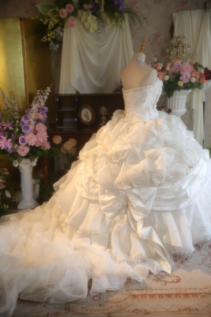 White strapless, fitted waist, elegantly embellished long ball gown/bridal dress R7270