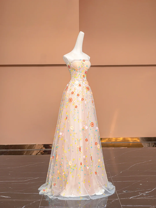 Light pink fitted floral print long ball gown, bridal dress R8493