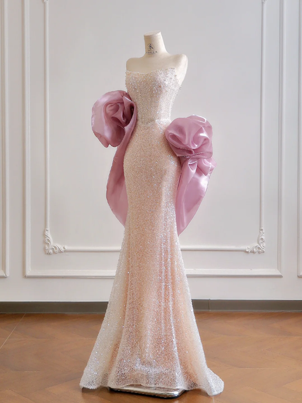 Light pink strapless, fitted waist, bodycon, sexy long ball gown R8172