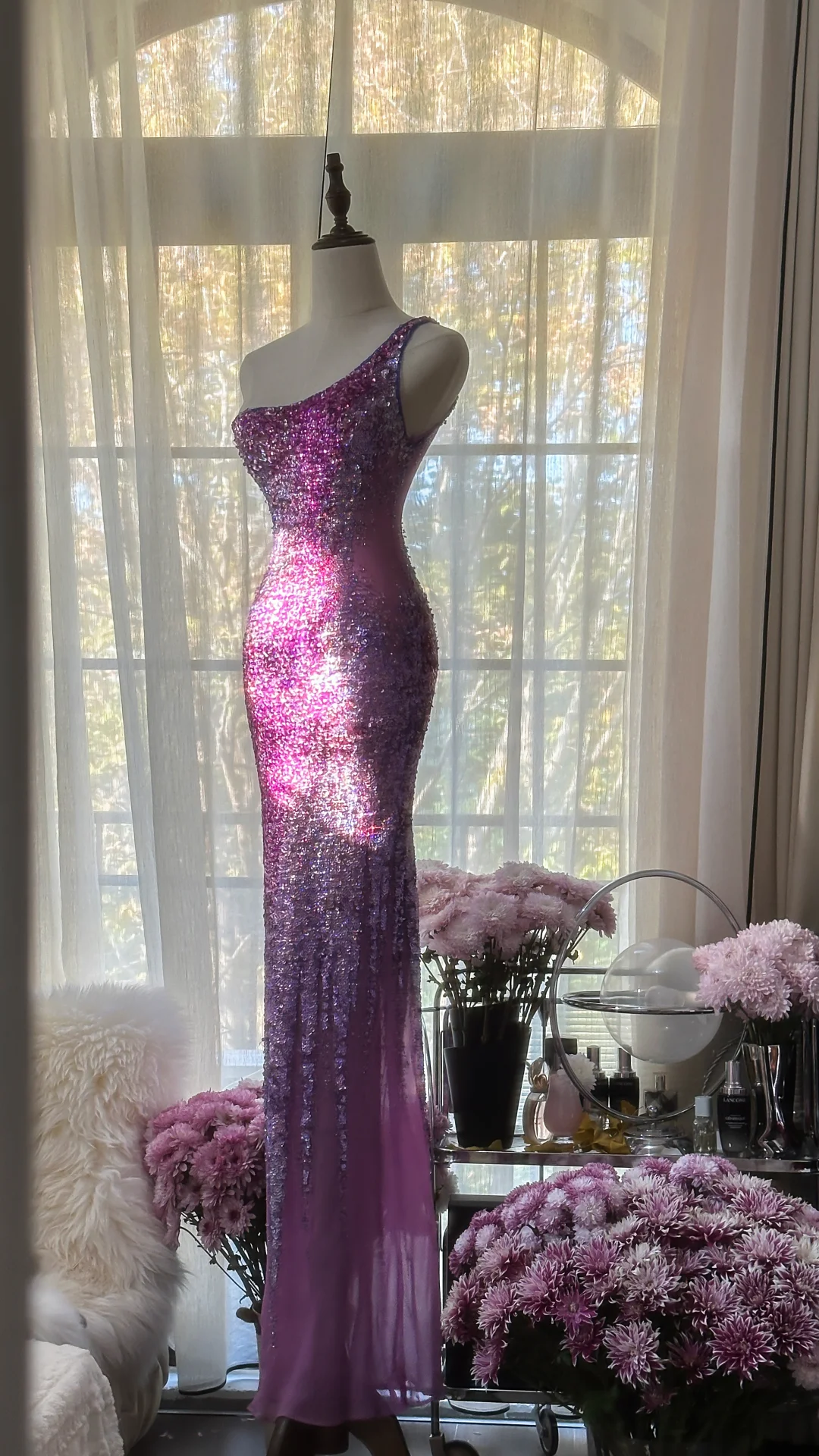 Purple One Shoulder Sequins Mermaid Long Prom Dress Vintage Party Dress, D942
