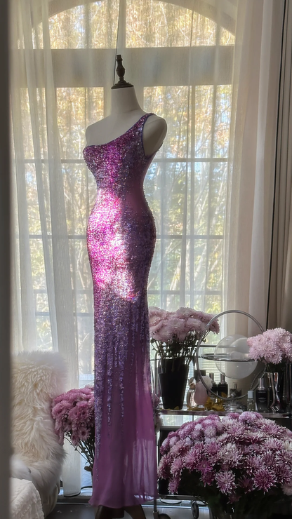 Purple One Shoulder Sequins Mermaid Long Prom Dress Vintage Party Dress, D942