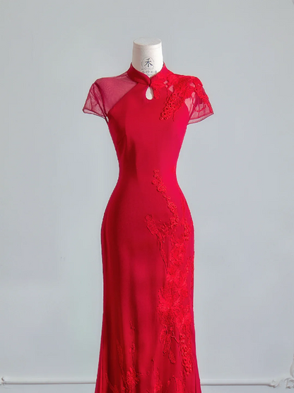 Red Chinese-style neckline, fitted waist, slimming and sexy long ball gown R8151