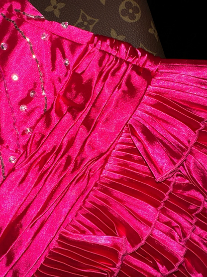 Rose pink halter-neck cinched waist short ball gown R6977