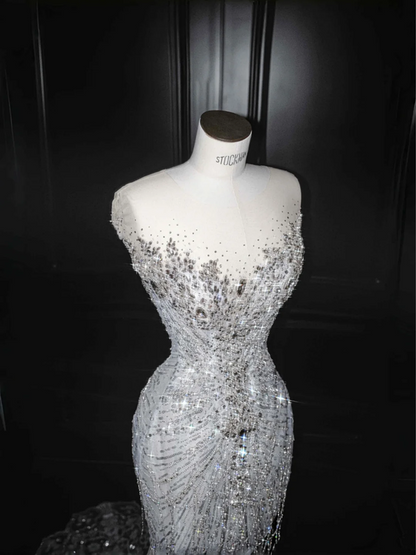Silver sequined waist slim hip sexy skirt, prom dress R5627