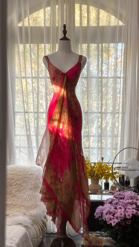 Pink retro color-blocked halter-neck fitted long ball gown R7733