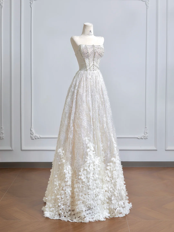 White strapless, fitted waist, heavily embellished, sexy long ball gown R8203