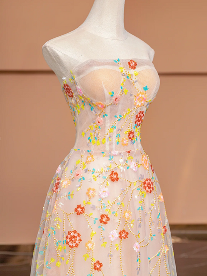 Light pink fitted floral print long ball gown, bridal dress R8493