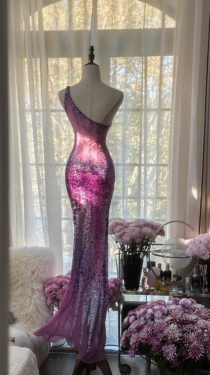 Purple One Shoulder Sequins Mermaid Long Prom Dress Vintage Party Dress, D942
