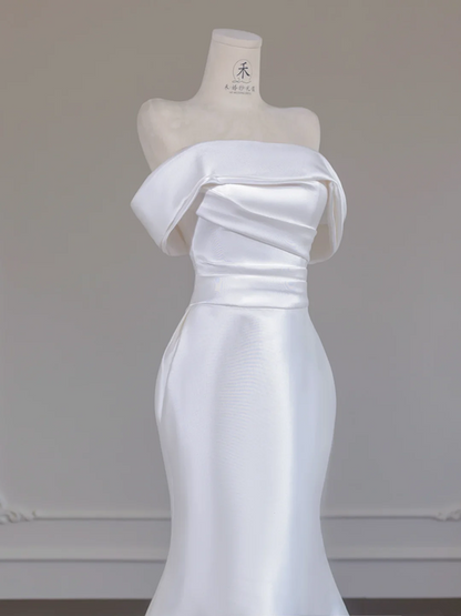 White satin off-the-shoulder fitted waist bodycon sexy long ball gown/bridal dress R8258