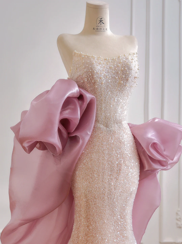 Light pink strapless, fitted waist, bodycon, sexy long ball gown R8172