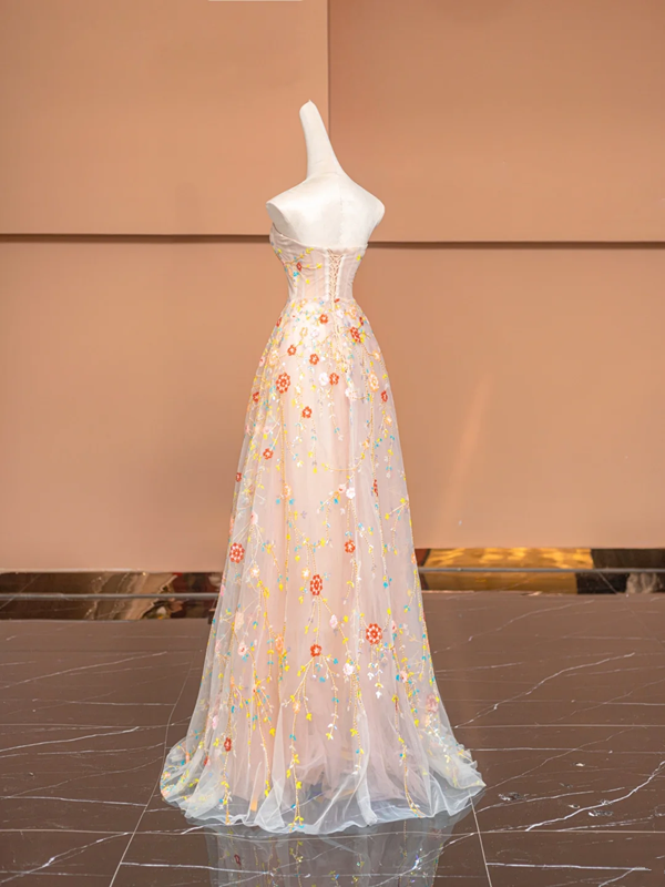 Light pink fitted floral print long ball gown, bridal dress R8493