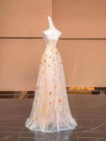 Light pink fitted floral print long ball gown, bridal dress R8493