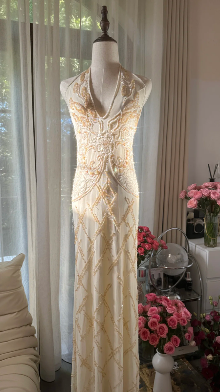 Light apricot halter neck fitted waist slim back sexy long ball gown R7764