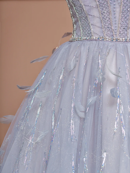 Light blue strapless, fitted waist, full skirt, long ball gown R8403