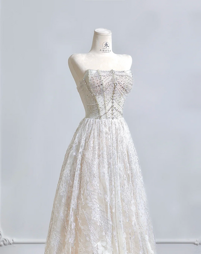 White strapless, fitted waist, heavily embellished, sexy long ball gown R8203