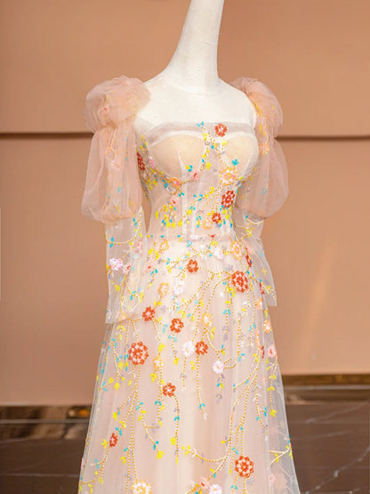 Light pink fitted floral print long ball gown, bridal dress R8493